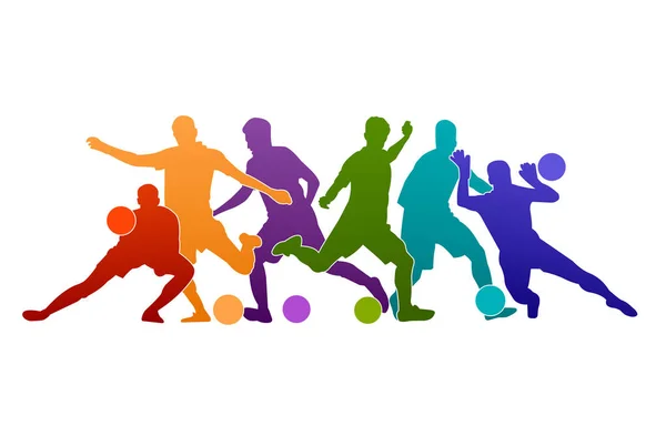 Ποδόσφαιρο Ποδοσφαιριστής Διάνυσμα Εικονογράφηση Σιλουέτα Πολύχρωμο Φόντο Αθλητισμός Άνθρωποι Αφίσα — Διανυσματικό Αρχείο