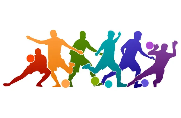  Futbolcu vektör illüstrasyonu silüeti renkli arka plan sporu insanları poster pankartı tasarımı