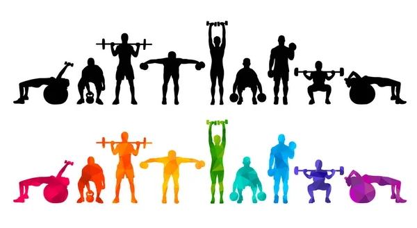  Detaylı vektör illüstrasyon siluetleri güçlü yuvarlanan insanlar kız ve erkek spor spor spor salonu vücut geliştirme egzersizleri ağırlık kaldırma sağlık halteri halterleri. Sağlıklı yaşam tarzı. 