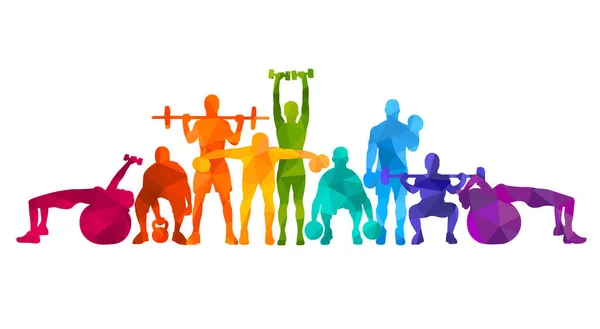  Detaylı vektör illüstrasyon siluetleri güçlü yuvarlanan insanlar kız ve erkek spor spor spor salonu vücut geliştirme egzersizleri ağırlık kaldırma sağlık halteri halterleri. Sağlıklı yaşam tarzı. 