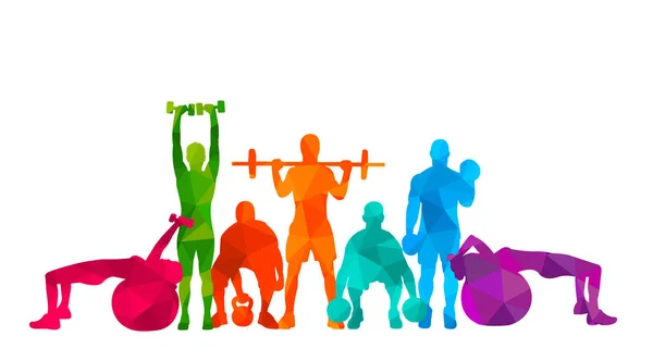  Detaylı vektör illüstrasyon siluetleri güçlü yuvarlanan insanlar kız ve erkek spor spor spor salonu vücut geliştirme egzersizleri ağırlık kaldırma sağlık halteri halterleri. Sağlıklı yaşam tarzı. 
