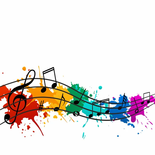 Renkli lekeler vektör illüstrasyonunun arka planı üzerine notalar. Müzik