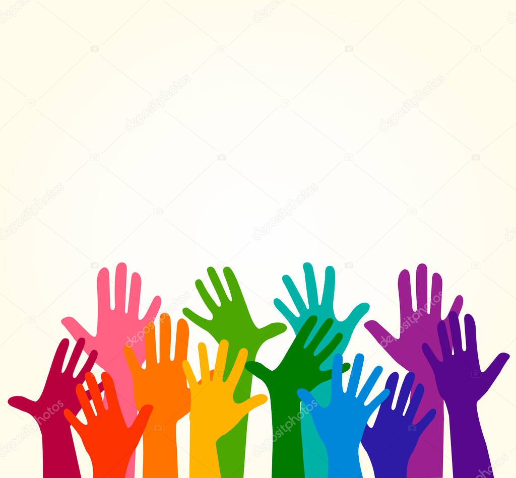  Colorful up hands. Vector illustration, an association, unity, partners, company, friendship, friends background Volunteers celebration birthday celebration, dancing, disco dance joy fun corporate