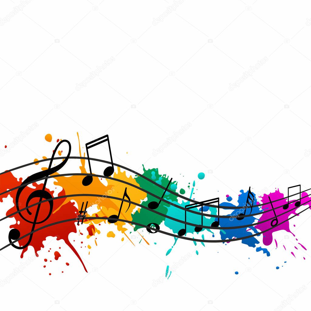 Musical notes on the background of colorful blots vector illustration. Music