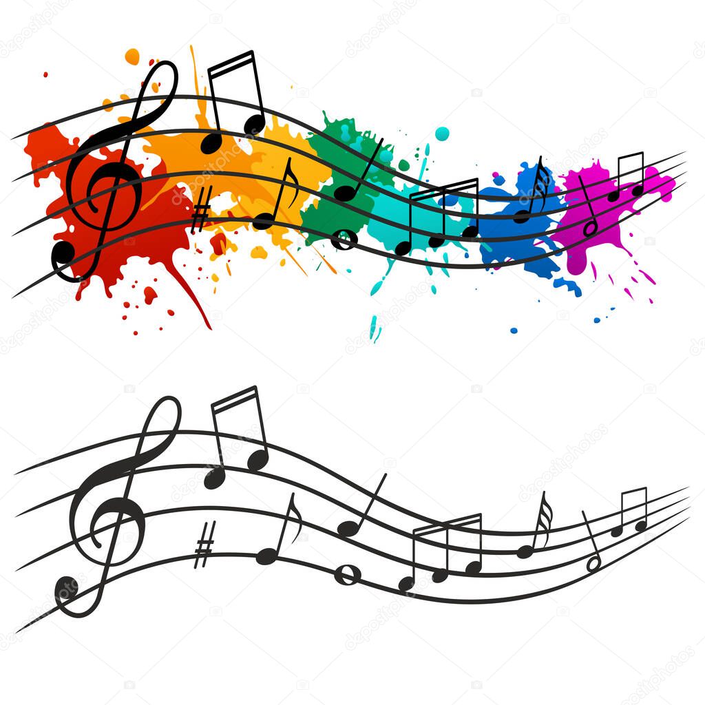 Musical notes on the background of colorful blots vector illustration. Music