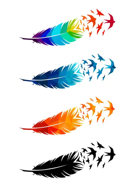 Imprimir Concepto Arte Diseño Colorido Tatuaje Plumas Negras Aves Voladoras — Vector de stock