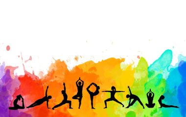 Ayrıntılı renkli siluet yoga insanları illüstrasyon geçmişi. Fitness Konsepti. Jimnastik. Aerobik. Asanas, meditasyon, nilüfer pozisyonu.