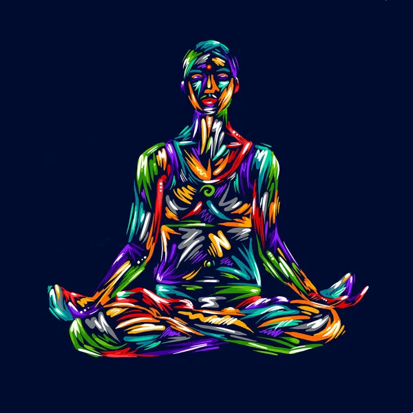 詳細なカラフルなシルエットヨガの人々のイラストの背景 フィットネスコンセプト 体操です エアロビクス アサナ瞑想蓮の位置 — ストック写真