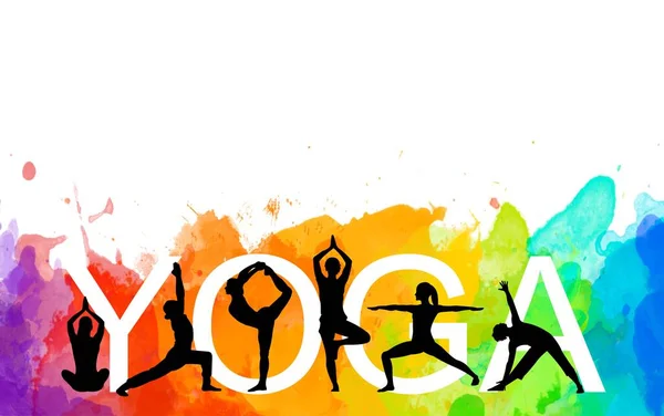 Ayrıntılı renkli siluet yoga insanları illüstrasyon geçmişi. Fitness Konsepti. Jimnastik. Aerobik. Asanas, meditasyon, nilüfer pozisyonu.