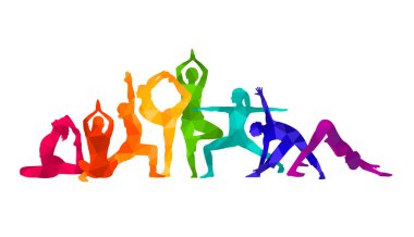  Ayrıntılı renkli vektör silueti yoga insanları illüstrasyon arka planı. Fitness Konsepti. Jimnastik. Aerobik. Asanas, meditasyon, nilüfer pozisyonu.