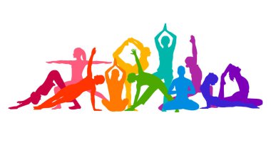  Ayrıntılı renkli vektör silueti yoga insanları illüstrasyon arka planı. Fitness Konsepti. Jimnastik. Aerobik. Asanas, meditasyon, nilüfer pozisyonu.