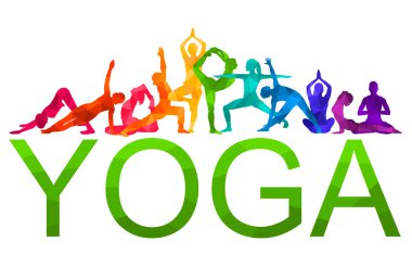  Ayrıntılı renkli vektör silueti yoga insanları illüstrasyon arka planı. Fitness Konsepti. Jimnastik. Aerobik. Asanas, meditasyon, nilüfer pozisyonu.