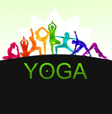  Ayrıntılı renkli vektör silueti yoga insanları illüstrasyon arka planı. Fitness Konsepti. Jimnastik. Aerobik. Asanas, meditasyon, nilüfer pozisyonu.