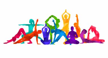  Ayrıntılı renkli vektör silueti yoga insanları illüstrasyon arka planı. Fitness Konsepti. Jimnastik. Aerobik. Asanas, meditasyon, nilüfer pozisyonu.