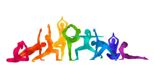  Ayrıntılı renkli vektör silueti yoga insanları illüstrasyon arka planı. Fitness Konsepti. Jimnastik. Aerobik. Asanas, meditasyon, nilüfer pozisyonu.