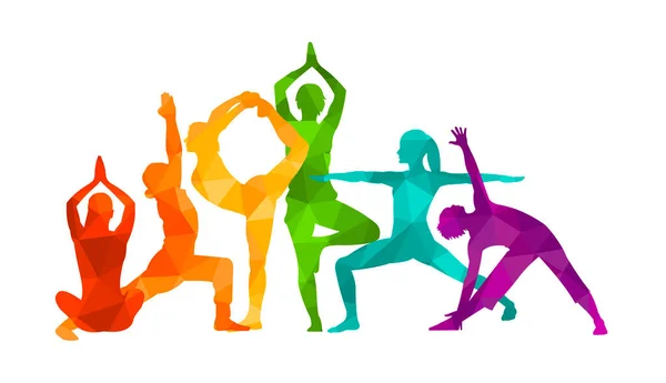  Ayrıntılı renkli vektör silueti yoga insanları illüstrasyon arka planı. Fitness Konsepti. Jimnastik. Aerobik. Asanas, meditasyon, nilüfer pozisyonu.