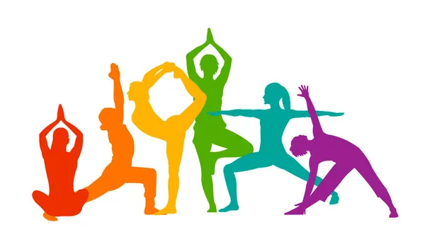 Détail Vectoriel Coloré Silhouette Yoga Personnes Illustration Fond Concept Fitness — Image vectorielle