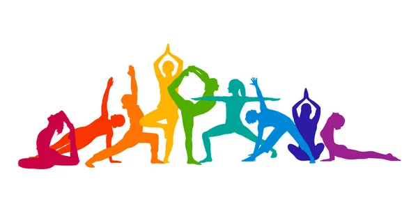 Detallado Vector Colorido Silueta Yoga Personas Ilustración Fondo Concepto Fitness — Archivo Imágenes Vectoriales