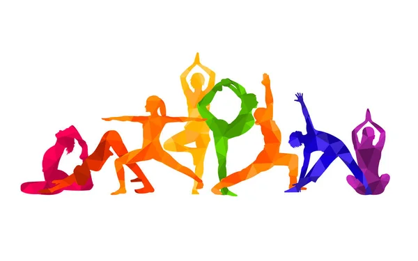 Détail Vectoriel Coloré Silhouette Yoga Personnes Illustration Fond Concept Fitness — Image vectorielle
