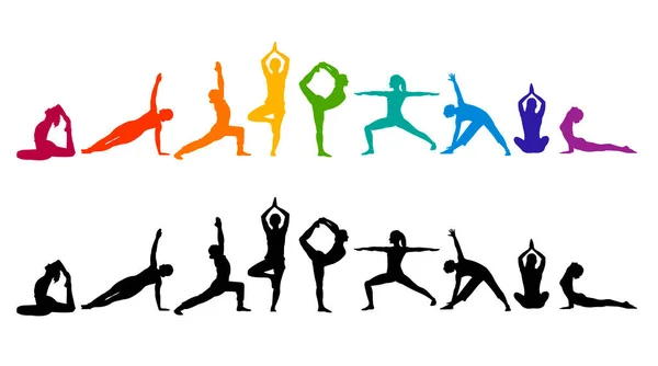 Détail Vectoriel Coloré Silhouette Yoga Personnes Illustration Fond Concept Fitness — Image vectorielle