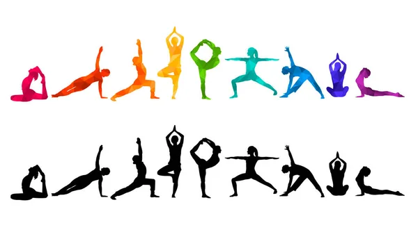 Détail Vectoriel Coloré Silhouette Yoga Personnes Illustration Fond Concept Fitness — Image vectorielle