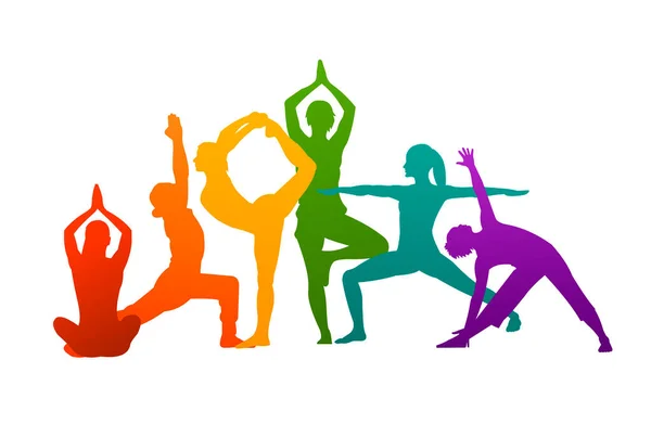 Détail Vectoriel Coloré Silhouette Yoga Personnes Illustration Fond Concept Fitness — Image vectorielle