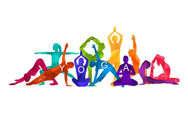 Détail Vectoriel Coloré Silhouette Yoga Personnes Illustration Fond Concept Fitness — Image vectorielle