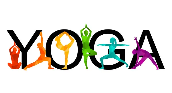  Ayrıntılı renkli vektör silueti yoga insanları illüstrasyon arka planı. Fitness Konsepti. Jimnastik. Aerobik. Asanas, meditasyon, nilüfer pozisyonu.