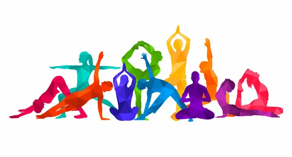  Ayrıntılı renkli vektör silueti yoga insanları illüstrasyon arka planı. Fitness Konsepti. Jimnastik. Aerobik. Asanas, meditasyon, nilüfer pozisyonu.