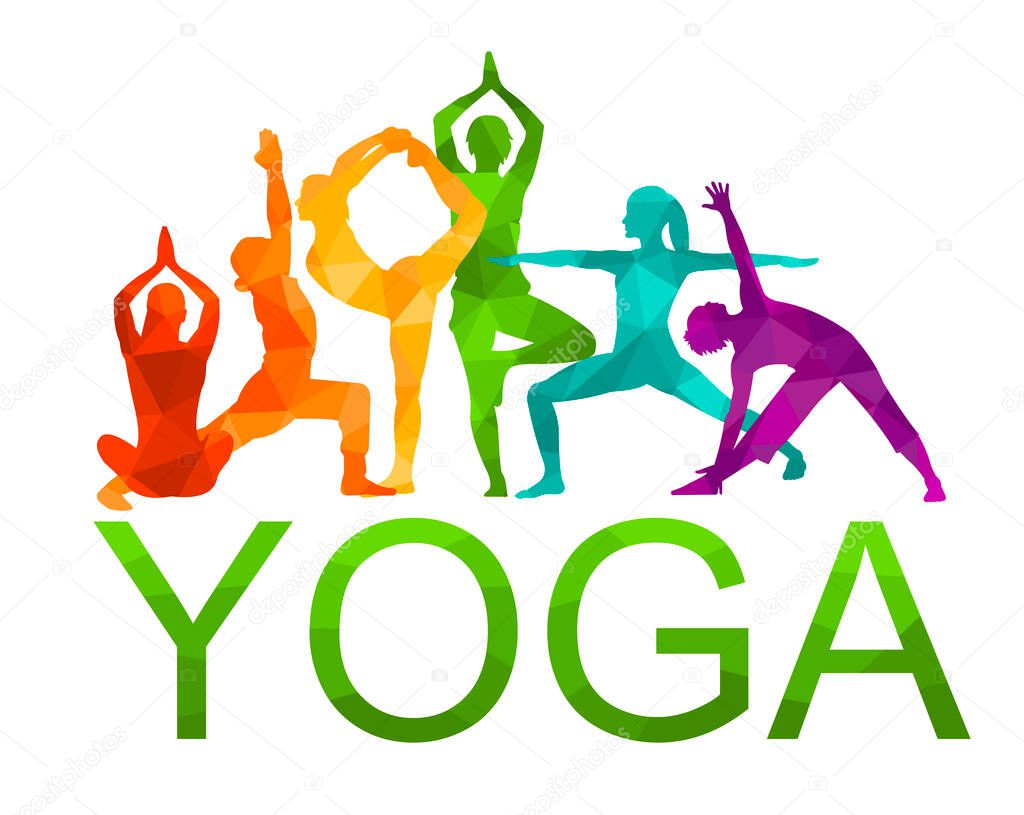  Detailed colorful vector silhouette yoga people illustration background. Fitness Concept. Gymnastics. Aerobics. Asanas, meditation, lotus position.