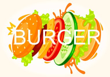  Komik fast food renkli vektör illüstrasyon sandviçi, hamburger, çizburger karakteri, çörek, gitar, lezzetli burger kralı peyniri, domates, çörek, salatalık, sos.