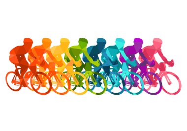  Bisikletli renkli posterler var. Bisiklet, parlak siluetlerle poz veriyor. Bisiklet yarışçıları. Yarışma ve maraton. Macera ve bisiklet ile açık havada seyahat. Bisiklet kuryesi, vektör sporu