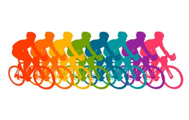  Bisikletli renkli posterler var. Bisiklet, parlak siluetlerle poz veriyor. Bisiklet yarışçıları. Yarışma ve maraton. Macera ve bisiklet ile açık havada seyahat. Bisiklet kuryesi, vektör sporu
