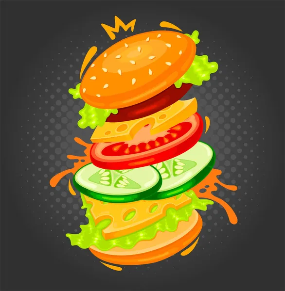 Lustige Fast Food Bunte Vektorillustration Sandwich Hamburger Cheeseburger Charakter Brötchen — Stockvektor