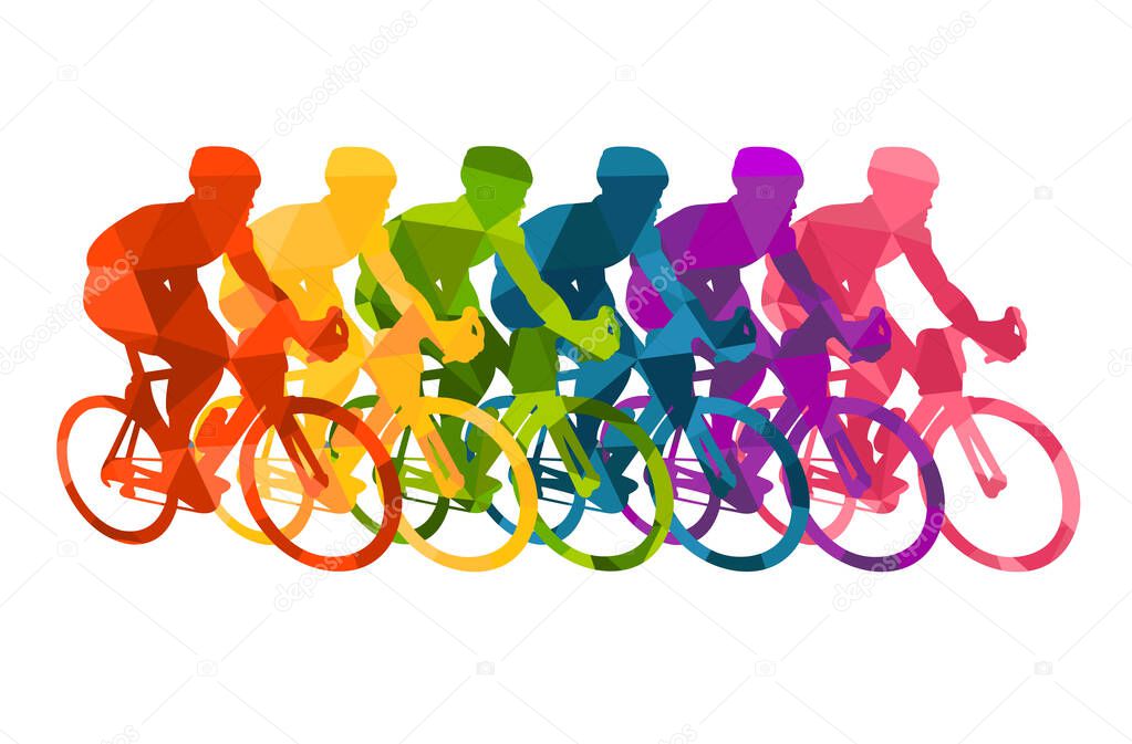  Colorful poster with cyclists riding bicycles. Cycling poses in bright silhouettes. Bicycle road racers. Competition and marathon. Adventure and travel outdoor on bicycle. Bike courier, vector sport