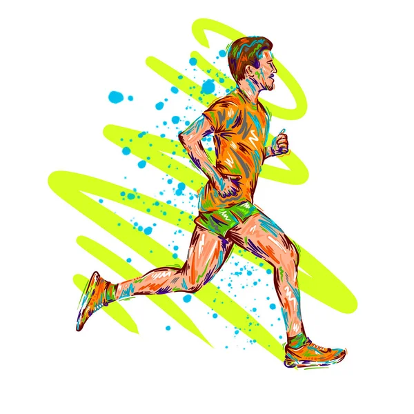 Maratona Esecuzione Gente Corre Poster Colorato Illustrazione Uomo Schizzo Mano — Foto Stock
