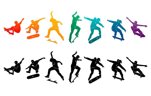 Skate Mensen Silhouetten Skateboarders Kleurrijke Vector Illustratie Achtergrond Extreme Skateboard — Stockvector