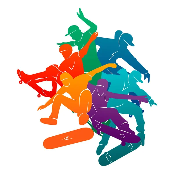 Skate People Silhouettes Skateboarders Vectoriel Coloré Illustration Fond Extrême Skateboard — Image vectorielle