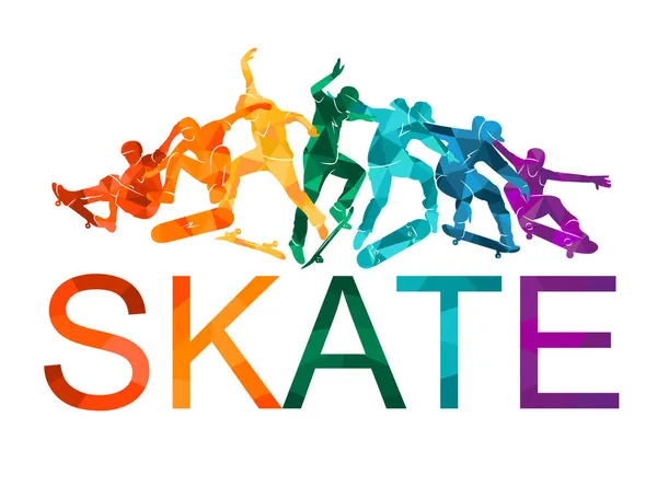 Skate Emberek Sziluettek Gördeszkások Színes Vektor Illusztráció Háttér Extrém Gördeszka — Stock Vector