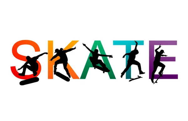 Skate Ludzie Sylwetki Deskorolkarze Kolorowe Wektor Ilustracja Tło Ekstremalne Deskorolka — Wektor stockowy