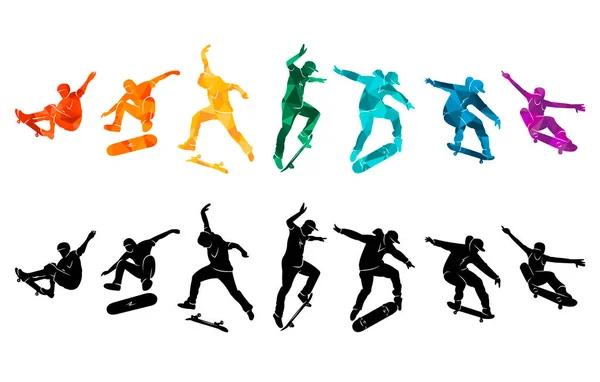 Skate People Silhouettes Skateboarders Vectoriel Coloré Illustration Fond Extrême Skateboard — Image vectorielle