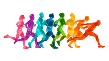  Koşu maratonu, insanlar koşuyor, renkli poster illüstrasyoncusu el çizimi sporu
