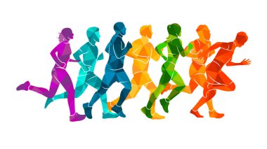  Koşu maratonu, insanlar koşuyor, renkli poster illüstrasyoncusu el çizimi sporu