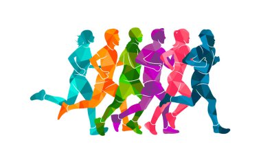  Koşu maratonu, insanlar koşuyor, renkli poster illüstrasyoncusu el çizimi sporu