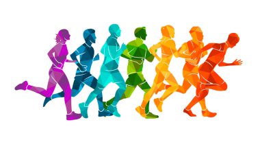  Koşu maratonu, insanlar koşuyor, renkli poster illüstrasyoncusu el çizimi sporu