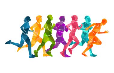  Koşu maratonu, insanlar koşuyor, renkli poster illüstrasyoncusu el çizimi sporu