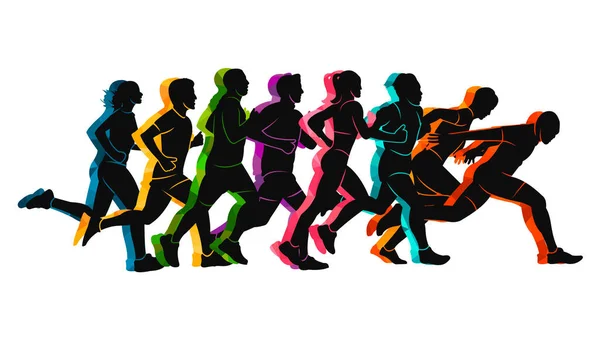 Laufen Marathon Menschen Laufen Bunte Plakat Vektor Illustration Mann Skizze — Stockvektor