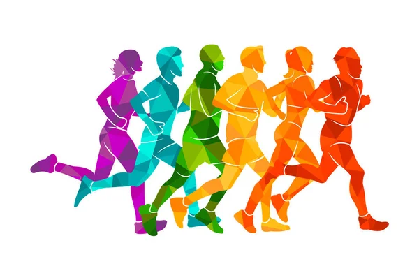 Springa Maraton Människor Kör Färgglada Affisch Vektor Illustration Man Skiss — Stock vektor