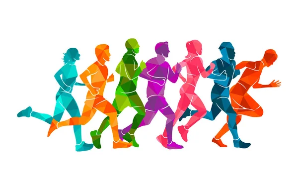Correndo Maratona Pessoas Correm Colorido Cartaz Vetor Ilustração Homem Esboço — Vetor de Stock
