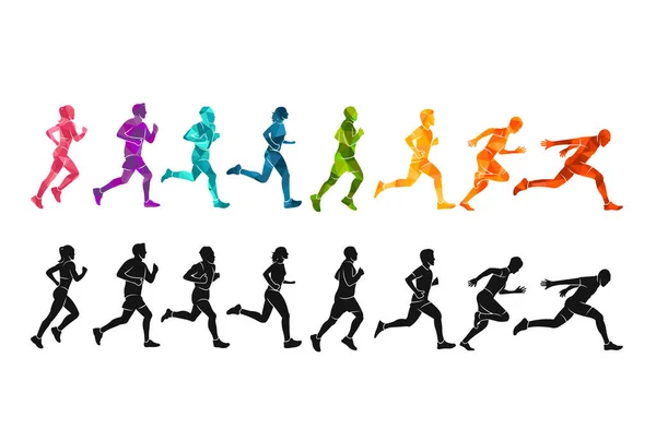 Springa Maraton Människor Kör Färgglada Affisch Vektor Illustration Man Skiss — Stock vektor
